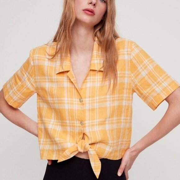 Aritzia Linen Wilfred Free‎ Yellow Plaid Tie Front Short Sleeve Button Down Top - Picture 1 of 10